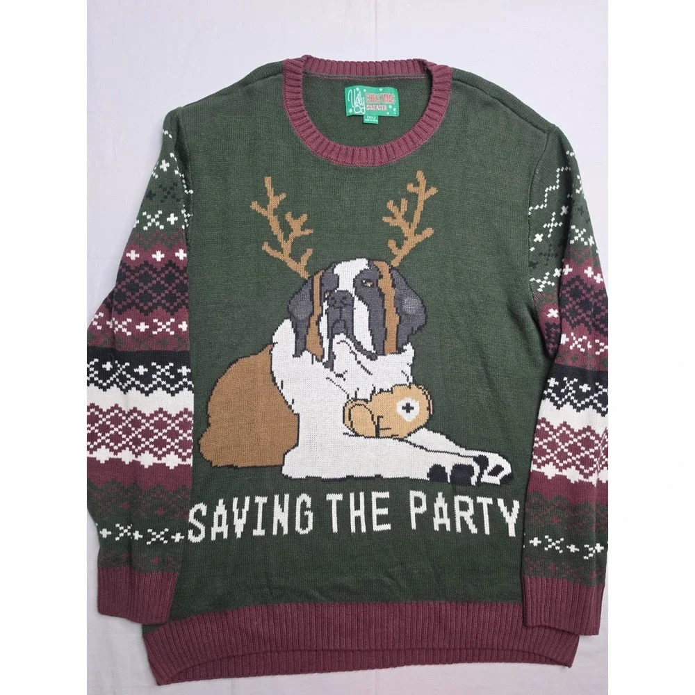 Ugly Christmas Sweater Men's XL Green Dog Saving The Party Tight Knit Cotton